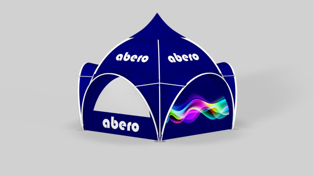 Granatowy namiot kopułowy marki Abero z białym logotypem i wielokolorową grafiką fal, prezentowany na jasnym tle.