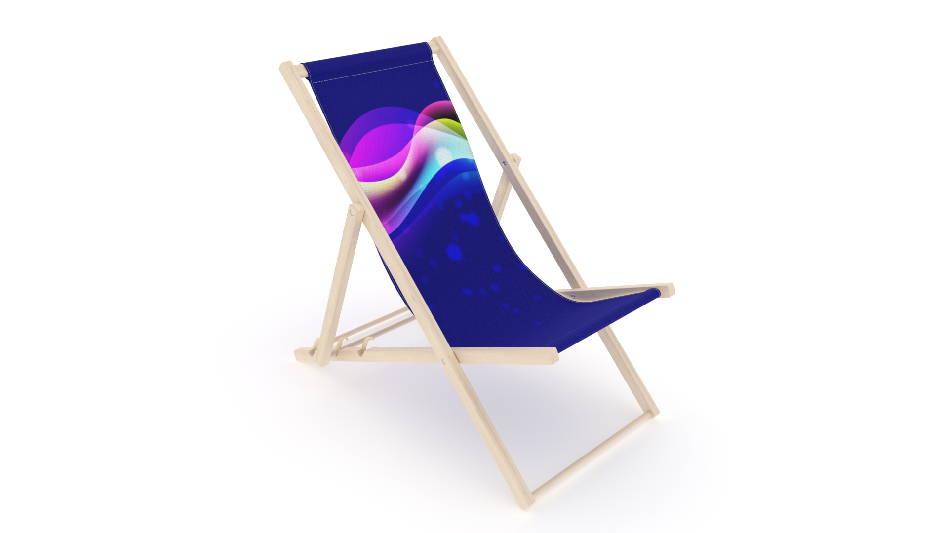 Leżak plażowy z drewnianą konstrukcją i tkaniną z nadrukiem grafiki marki Abero (kolorowe fale na granatowym tle).