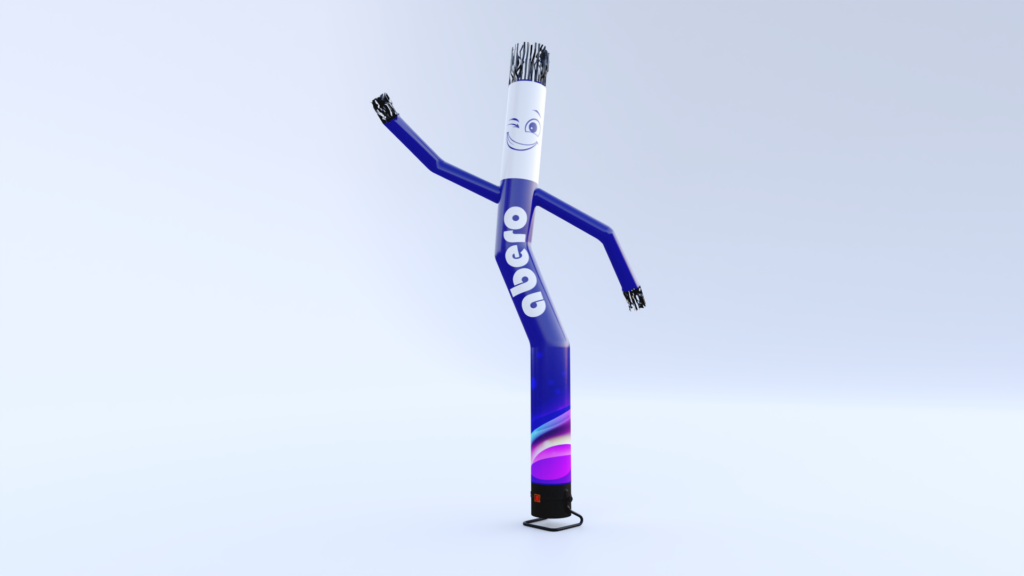 Trójwymiarowy model graficzny niebiesko-białego skydancera reklamowego z logo abero, uśmiechniętą twarzą i frędzlami, zaprezentowany w dynamicznej pozie na jasnoniebieskim tle.