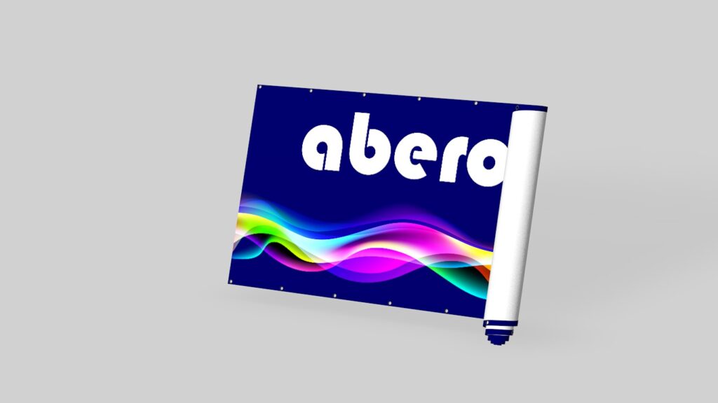 Pionowy baner reklamowy marki Abero z wyraźnym logotypem, prezentowany na jasnym tle.