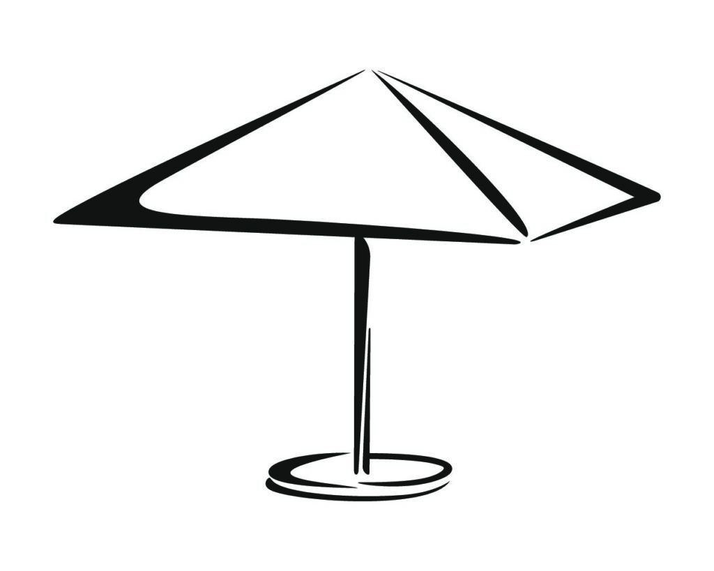 Czarna, minimalistyczna ikona graficzna przedstawiająca Parasol reklamowy Classic Square z centralną nogą na białym tle.