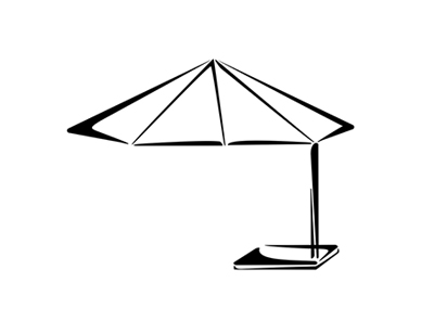 Czarna, minimalistyczna ikona graficzna przedstawiająca Parasol reklamowy Premium z bocznym stelażem na białym tle.