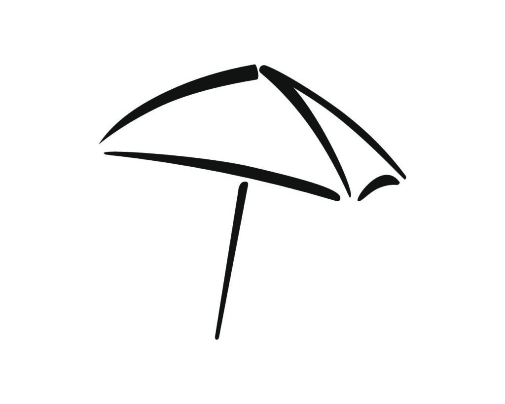 Czarna, minimalistyczna ikona graficzna przedstawiająca parasol plażowy na białym tle.