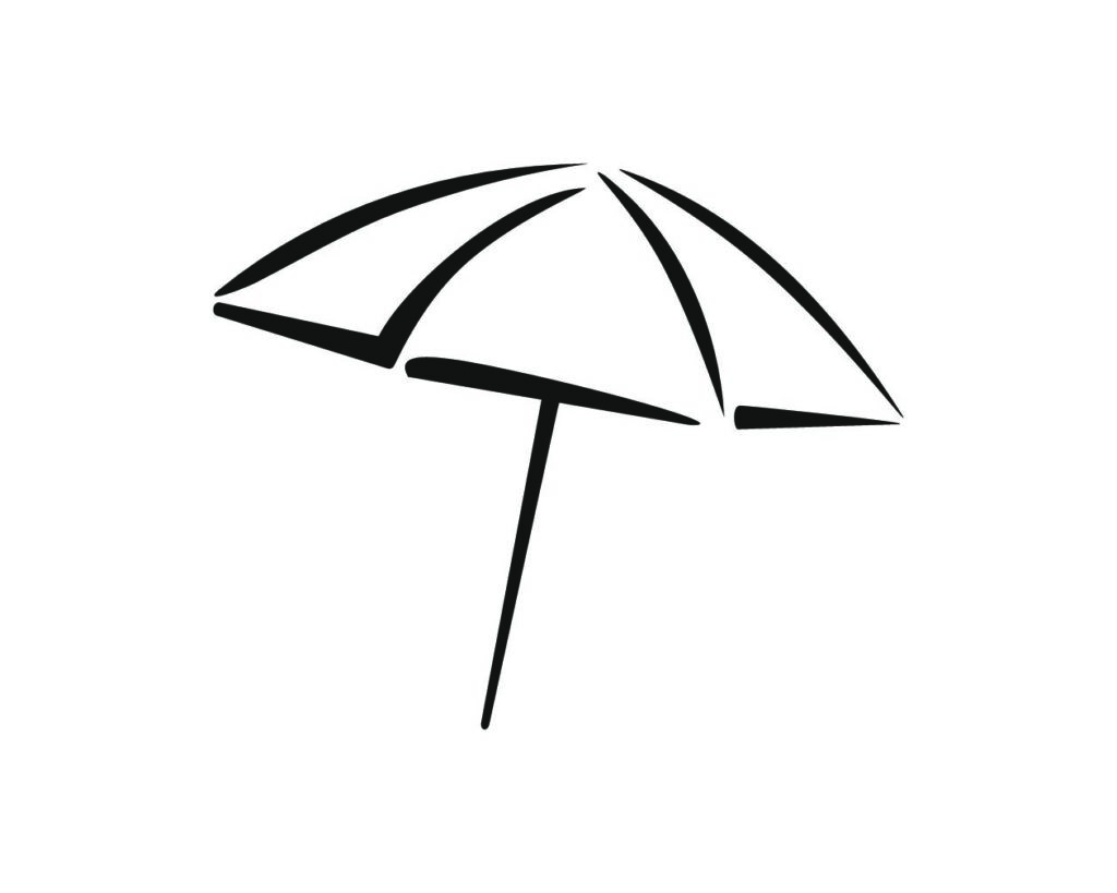 Czarno-biała, minimalistyczna ikona graficzna przedstawiająca parasol plażowy.